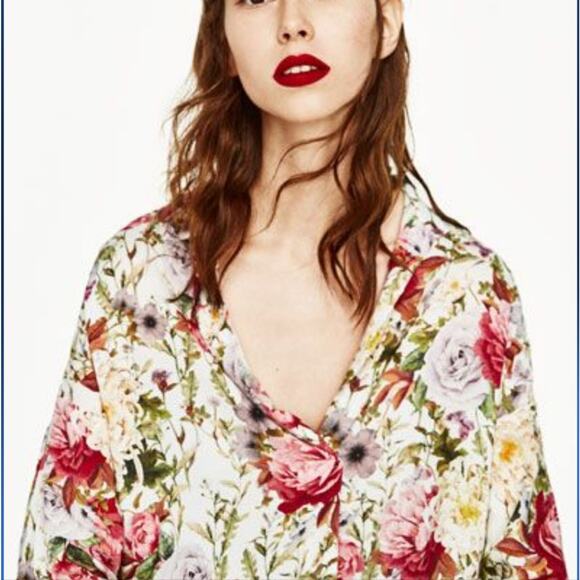 Zara floral rose peony mulitcolor blouse V neck button long sleeve - Picture 1 of 8